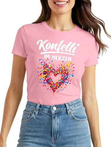 MoonWorks Damen T-Shirt - Spruch Konfetti im Herzen - Fasching Karneval Ersatz Verkleidung Last Minute Kostüm Funshirt Slim Fit Rosa XXL