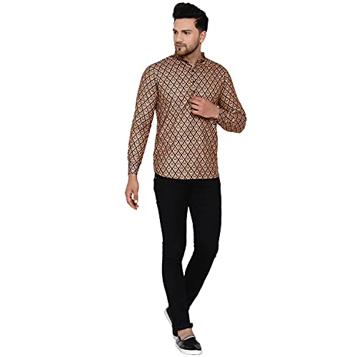 Image of Veera Paridhaan Men's Cotton Printed Full Sleeve Short Kurta(Brown) (VP008208)