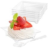 100 Pack 1 oz Mini Dessert Plates with Spoons - 2.4' x 2.4' Small Clear Plastic Square Dessert Trays...