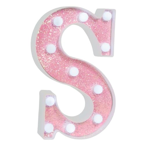Image of Pink Glitter Marquee Light Up Letters, Battery Operated LED Letter Lights Signs for Pink Birthday Party Table Decorations, Wall Decor for Girls Bedroom, Initial Letter S with Cool White Lights