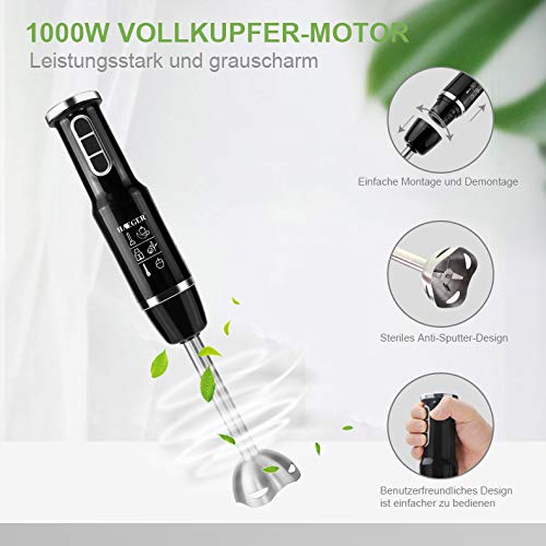Stabmixer, 750 Watt 4-in-1 Elektro-Multifunktions-Stabmixer Zubehör-Set mit Schneebesen, 500 ml Zerhackerschale und 600 ml Behälter für Babynahrung, Shakes, Smoothies, Saucen, Suppen und Mehr - 4