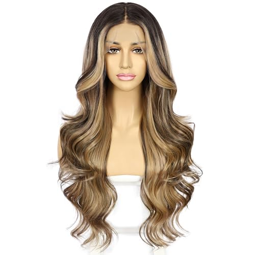 Sapphirewigs Lace Front Wig Synthetic Ombre Brown 13x4 Body Wave Synthetic Lace Front Wigs Party Date Daily Wear Christmas Natural Looking 26 inch - Image 3