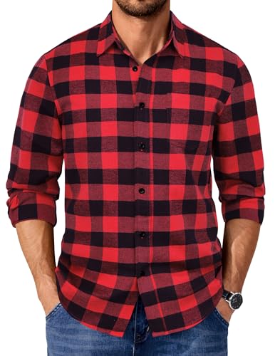 COOFANDY Camisa Casual Hombre a Cuadros Camisa de Franela Manga Larga Regular Fit Camisa de Trabajo Leñador Negro Rojo XL