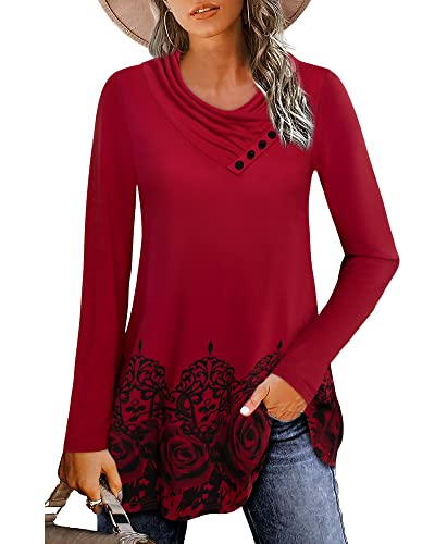 Gaharu Women's Long Sleeve Button Cowl Neck Floral Printed Casual Tunic Tops3
