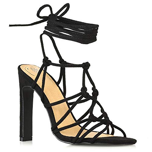 ESSEX GLAM Womens Lace Up Sandals Ladies Black Faux Suede Caged Gladiator High Heel Strappy Shoes 6 B(M) US