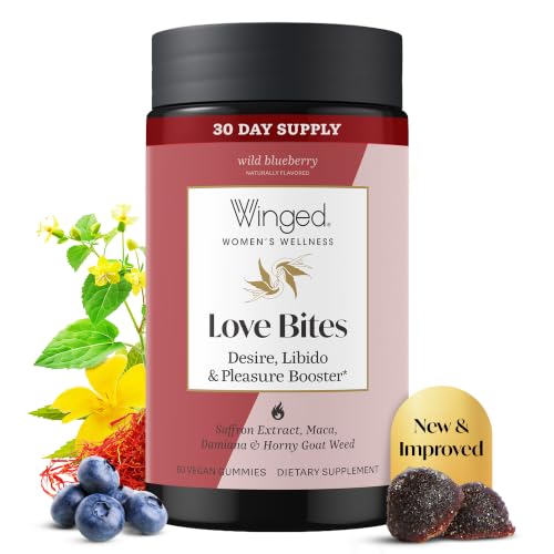 Winged Wellness Love Bites Libido Booster for Women with Maca Root - Libido & Pleasure Booster with Horny Goat Weed & Damiana - Natural Aphrodisiac Gummy Supplement - Wild Blueberry 60 Vegan Gummies