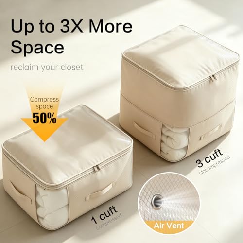 Image of Comforter Storage Bag, Large Capacity Blanket Storage Bags 2-Layer Ultra Space Saving Self Compression Organizer, Heavy Duty Space Saver Organizer for Bedding, Clothes, Blanket, 2-Pack, Beige