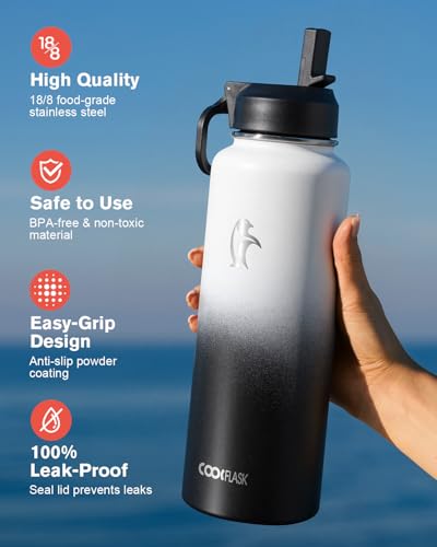 Image of Coolflask 40 oz Water Bottle Insulated with Straw & 3 Leakproof Lids