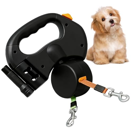 BAIFULAI Guinzaglio retrattile per 2 cani, guinzaglio doppio da 3m per 2 cani con luce, estensibile, impugnatura antiscivolo, guinzaglio per cani di taglia piccola e media, nero