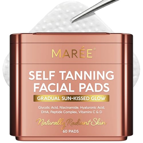 Image of MAREE Self Tanning Facial Pads - Exfoliating Glow Pads & Tan Towels for Face & Body - Travel Size Self Tanner Wipes for Sunless Face Tanning - No Rinse Gradual Natural Fair to Medium Tan Towelettes