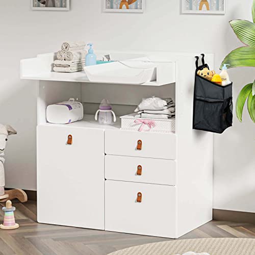 BANIROMAY 4 in 1 Baby Changing Table Dresser and Kids Table, Adjustable Height Baby Nursery Dresser with Waterproof Changing Pad, Safe Belt and Hidden Laundry Hamper Cabinet, White (White) BANIROMAY 4 in 1 Baby Changing Table Dresser and Kids Table, Adjustable Height Baby Nursery Dresser with Waterproof Changing Pad, Safe Belt and Hidden Laundry Hamper Cabinet, White (White)