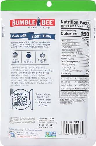 Image of Bumble Bee Chunk Light Tuna in Water, 5 oz Pouch | Wild Caught Tuna, Ready to Eat, 32g Protein per Packet, Non-GMO, Gluten Free, Kosher, MSC Sustainable Seafood