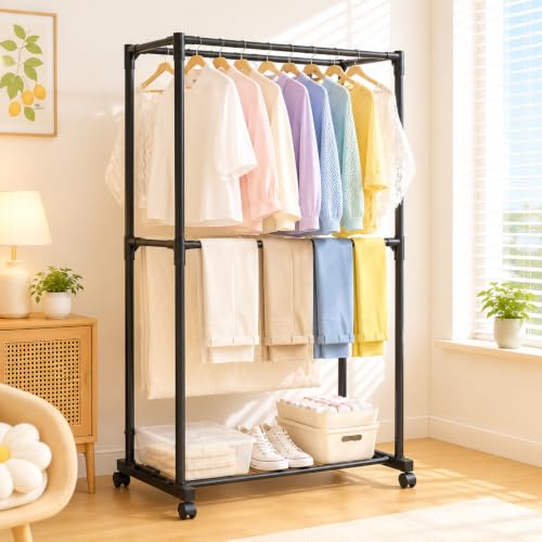 Image of Metal Multifunctional Heavy-Duty Quality Garment Stand Cloth Rack Freestanding Storage with Bottom Shelves Adjustable Single Solid Stainless Steel Spider (Double Stnad)