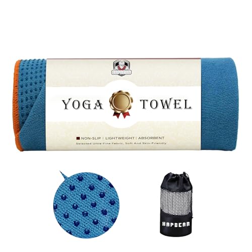 HAPBEAR Hot Yoga Towel with Non-Slip Grip Dots Super-Absorbent Microfiber Yoga Mat Towel for Sweaty Bikram Pilates and Studio Workouts - Blue