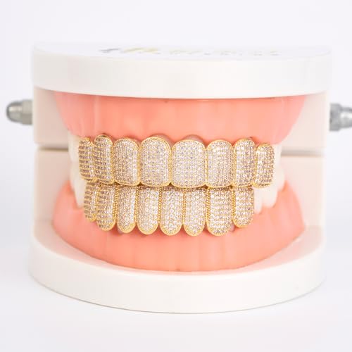 Gold Teeth Grillz Hip Hop Punk Style Copper Plated 18K Gold Inlaid Gorgeous shine Zircon Teeth Grilz Grills Orthodontics Halloween Night Party Shining Choice Numerous zircons2