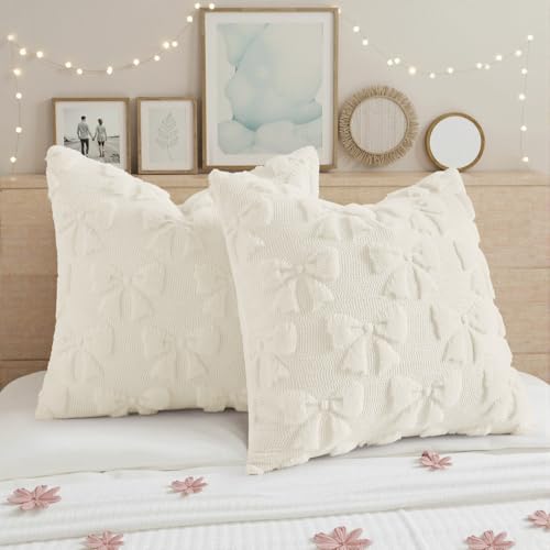 Image of decorUhome Cream White Bow Pillow Covers Set of 2 Coquette Aesthetic Cute Preppy Plush Faux Pillowcases for Girly Bedroom or Couch 18x18 Inch