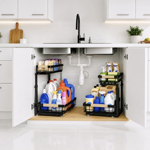 Générique Lot de 2 Rangement Sous Évier Coulissant 2 Niveaux Réglable 35-43cm | Organisateur Métal Noir Anti-Rouille | Étagère Gain de Place Cuisine...