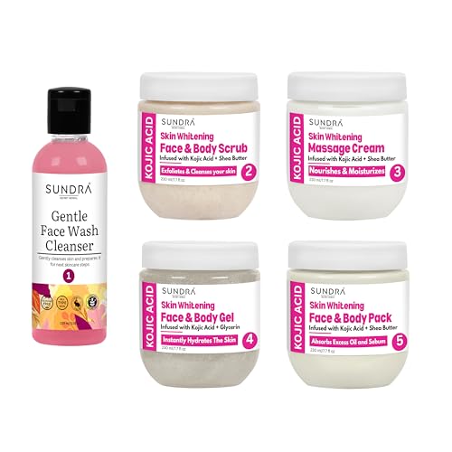 Image of Kojic Acid Skin Whitening Facial Kit (1020 ml) - Infused with Kojic Acid & Shea Butter, Cleansing, Whitening, Smoothing for Radiant Glowing Skin, Natural Ingredients