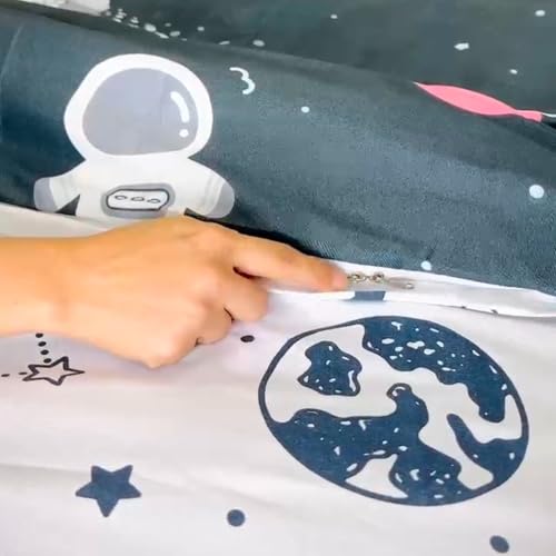 Image of Famyo King Size Bedsheet Set with 2 Pillow Covers, 250 TC Fitted Kids Bedsheet, Comforter & Comforter Cover (5pc Set) - Home Decor, 72x78 inches, Astronaut in Space Design - Grey, White