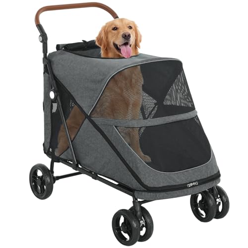 PawHut Passeggino pieghevole per cani di grossa taglia media fino a 30 kg, con ruote girevoli a 360°, cuscino regolabile, carrello per gatti con guinzaglio di sicurezza, doppio freno grigio