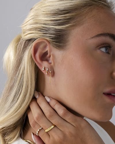 PAVOI 14K Gold Plated Sterling Silver Posts Dainty Stud and Dangle Chain Earring Pack for Women | Set of 3 Cubic Zirconia Earrings3
