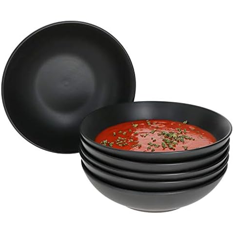 MamboCat Lampart Nero 6x Suppen-Teller schwarz I tiefe Teller Set für 6 Personen I Suppenteller tief im modernen Ethno-Stil I Pasta-Bowl & Müsli-Schale groß I Steingut-Teller schwarz matt 6 Stück Cover