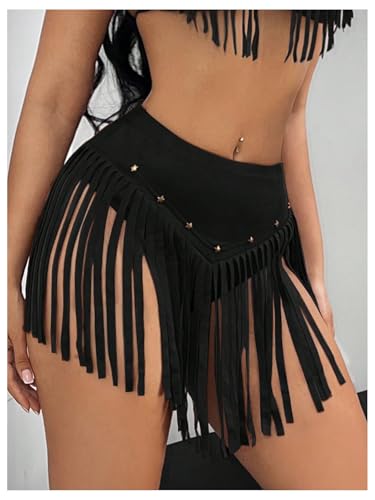 OYOANGLE Women's Beaded Fringe Trim Mini Skirt Suede Low Waist Flared Cowgirl Short Skirts3