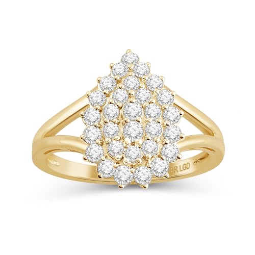 Jewelili 10K Yellow Gold Lab Grown Diamond Cluster Anniversary Ring for Women | 3/4 CTTW | Ring Size 6, 7 & 8 | Timeless Jewelry Gift for Her | Gift Box Included