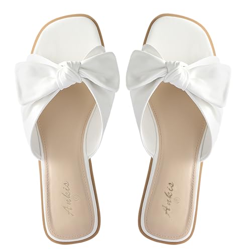 Womens White Black Flat Sandals for Women Dressy Comfortable Summer Beach Sandals for Women 2025 Cute Bow Square Open Toe Slip On Slide Sandals Bridal Wedding Shoes