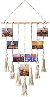 Mkouo Hanging Photo Display Macrame Clip Photo Holders Wall Hanging Pictures Organizer Boho Home Decor, with 25 Wooden Clips