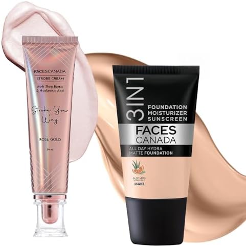FACESCANADA Rose Glow Kit | Rose Gold Strobe Cream (30ml) + Warm Natural All Day Hydra Matte Mini Foundation (18ml) | Makeup Kit For Women (Combo Pack of 2)