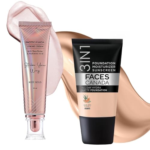 Image of FACESCANADA Rose Glow Kit | Rose Gold Strobe Cream (30ml) + Warm Natural All Day Hydra Matte Mini Foundation (18ml) | Makeup Kit For Women (Combo Pack of 2)