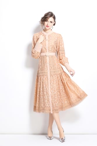 Image of LAI MENG FIVE CATS Women's Round Neck Lantern Sleeves Embroidery Button Layered Lace Hem Midi Dress with Belt