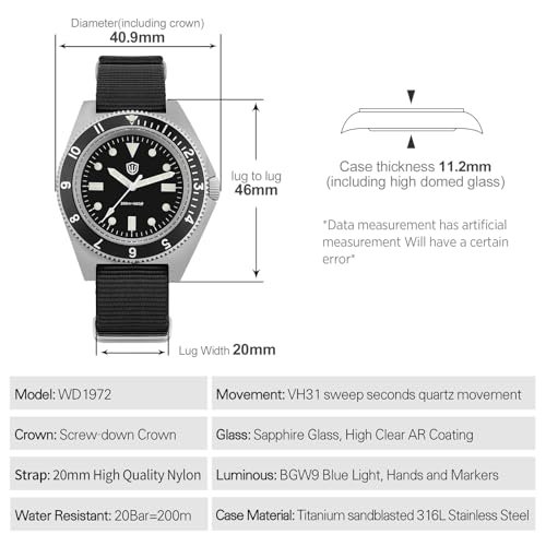 Image of watchdives VH31 Quartz Watch, WD1972 Military Diver Watches Sapphire Crystal Luxury Wristwatch 200m Waterproof Watch for Men (Black)