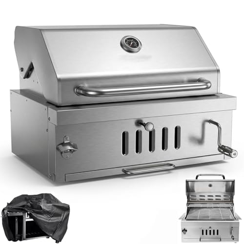 Large Charcoal BBQ Grills, Built in Barbecue Grill with Liftable Tray, Insulated Hood & Temp Gauge,...