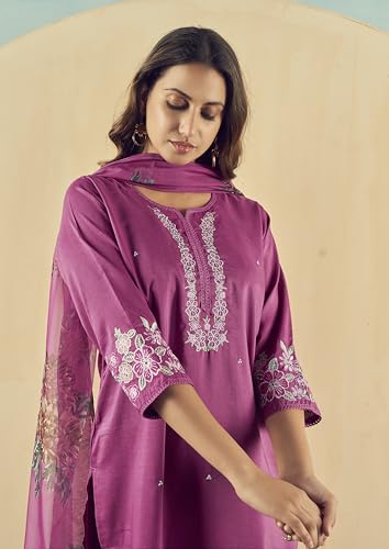 Image of INDO ERA Rayon Pink Straight Embroidered Kurta With Pant & Dupatta Set For Women