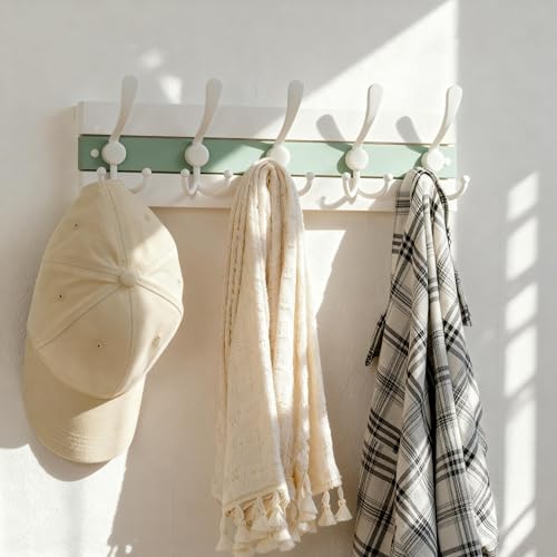 Image of SKOLOO Coastal Wall Mounted Coat Rack - 16-7 /8 inch Beach House Entryway Wooden Coat Hook with 5 Hooks for Hanging Coats, Hats or Towels, Oceanfront Cottage Core Collection, White & Green