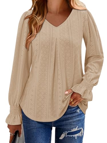 KISSMODA Long Sleeve Fall Shirts For Women V Neck Tunic Tops Embroidered Button Down Knitted Blouses 2025