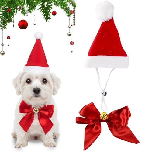 2 Stück Hundekostüm Weihnachten, Rot Weihnachtsmützen und Fliege Halsband, Weihnachtskostüm für Kleinen Hunde Katzen, Haustiere Weihnachten Outfit, Roter Hundekostüm Katzenkostüm