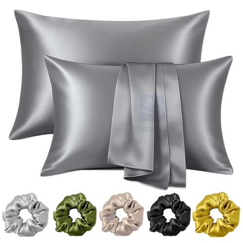 Image of Satin Pillow Covers for Hair and Skin Set of 2 with 5 Scrunchies I Satin Pillow case I Silk Pillow Cover I Silk Pillow case I Women Gift Items (Grey)