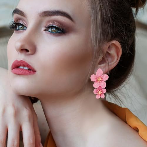 Double Flower Earrings - 3D Floral Dangle Boho Chic Wild Flower Statement Jewelry for Women Girls Wedding Party (Pink)4
