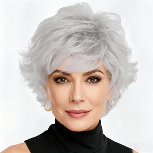 Tseses Grey Short Wigs for Women Old Lady Layered Hair Wig with Bangs Pixie Cut Synthetic Fibre Wigs for Daily Party Halloween Use(Silver Grey)
