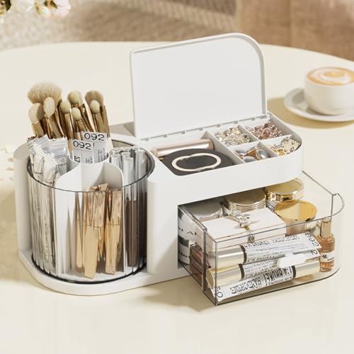 Siehpa3 Makeup Organizer for Vanity with Drawer, 360 Rotating Makeup Brush Holder, Cosmetic Jewelry Storage for Countertop Bathroom Dresser Desktop (White)