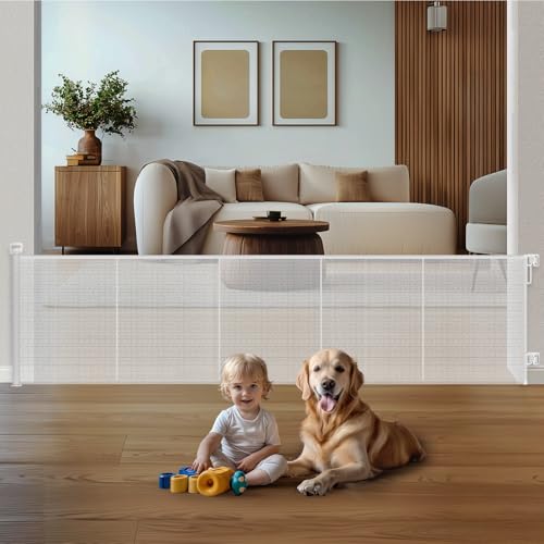 Image of HOMEAL 120inch Retractable Baby Gate Extra Wide, Large Openings Safety Baby Gate, Long Retractable Mesh Dog Gate for Stairs, Doorways, Hallways, Indoor, Outdoor(White, Width Up to 120")
