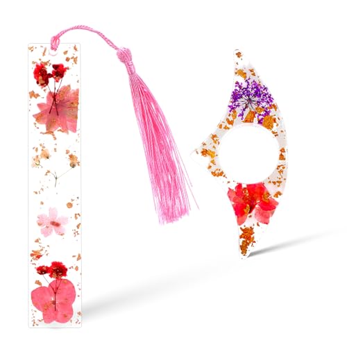 2Pcs Book Page Holder, Dried Flower Resin Thumb Book Page Holder and Bookmark with Tassel, Book Accessories for Reading Lovers, Gift for Bookworm, Readers, Literary, Students, Teachers (Dark Pink)