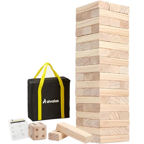 Aivalas Giant Tumbling Timber Games, 60 Blocks Large Tower Outdoor Game - Includes Carry Bag and Scoreboard, Wood Stacking Backyard Game Grows Up to 5FT for Kids Adults Family