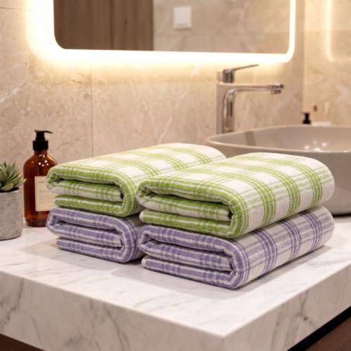 Image of Athom Living Premium Hand Towels- Cotton, 400 GSM, Ultra Soft, Quick Dry, Highly Absorbent | for Hand, Kitchen and Gym | 60 * 40 cm, Pack of 4 (Lavener & Green Strips)
