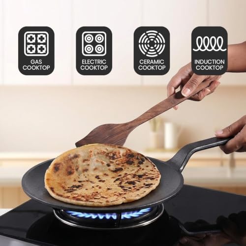 Image of HomeEssentials Premium 26cm Cast Iron Tawa /Dosa Tawa | Flat Griddle with Long Handle | Perfect for Crispy Dosas, Rotis, Chapatis, Paranthas & Pancakes | Heavy-Duty, Induction & Gas Stove Friendly