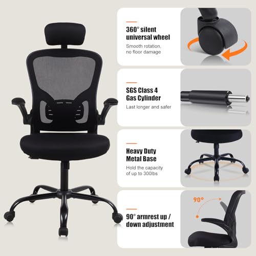 Flysky Ergonomic Office Chair with Adjustable Headrest & Lumbar Support, Computer Desk Chair with Flip-Up Armrests, Comfortable for Home, Office, Conference Room image 3