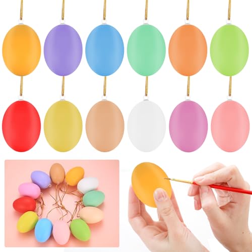 24 Huevos de Plástico para Colgar de Pascua - Huevos Decorativos para Pintar (6x4 cm) con Cuerda - Decoración para Interior/Exterior, Árbol de Pascua, Fiestas y Manualidades